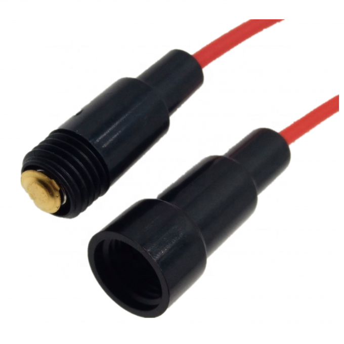 Red inline fuse holder for 5×20mm fuses with 22AWG cable - side view