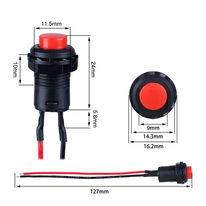 Wintai-Tech botón de empuje trompeta interruptor 12v botón de empuje interruptor de arranque 12mm botón de empuje momentáneo Interruptor con ensamblaje de cable