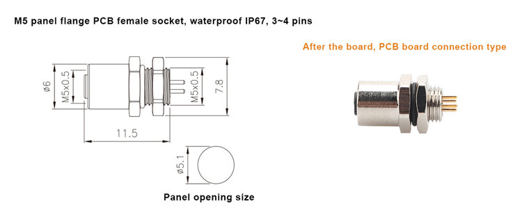 Fabrica M5 Código-A 4Pin Panel Flange PCB Conector circular de toma de corriente femenino IP67